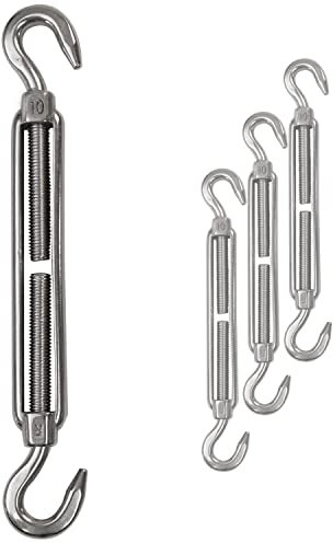 4 x Edelstahl Spannschloss Spannschraube Ø 10mm - M10 - beidseitig Haken - V2A - Seilspanner Segelspanner für Drahtseil - 22-34 cm lang Wantenspanner Bruchlast 800kg