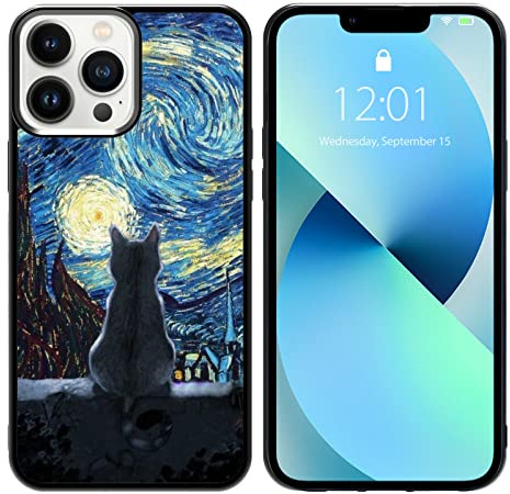 Schwarze süße Katze iPhone 13 Pro Max Hülle - 6,7 Zoll Van Gogh Süße Katze iPhone Hülle, rutschfestes Muster Design und Stoßdämpfung, weiche Silikagel-Rahmenunterstützung, schwarze Handyhülle für