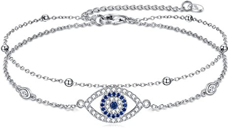 VONALA Bracelet de cheville mauvais œil en argent sterling,Double couche,Breloque œil bleu,Avec oxyde de zirconium,Protection réglable,Pour femme, 9+2INCH, Zircone cubique, Oxyde de zirconium