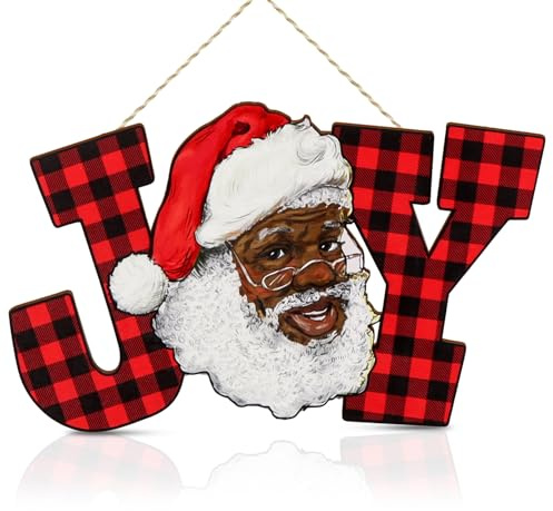 Schwarzer Weihnachtsmann, afrikanische Weihnachtsdekoration, Freude, Buchstabenschild, roter Büffel, kariert, Holz, Freude, Wandbehang, Weihnachtsbuchstabe, Ornamente für Urlaub, Innen- und