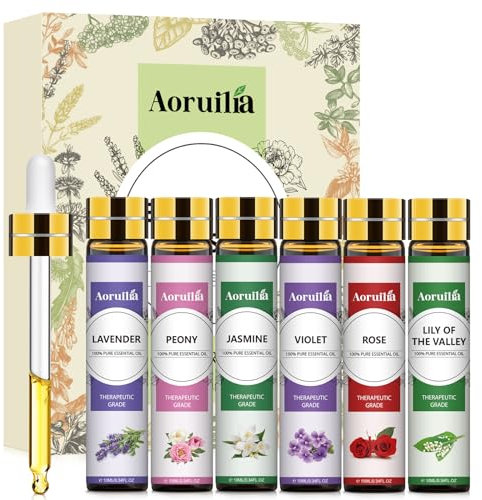 Aoruilia 6 x 10ml Floral Essential Oils Set, Premium Fragrance Oils for Diffusers, Aromatherapy, Soap & Candle Making Scents - Rose, Lavender, Jasmine, Lily of The Valley, Peony, Violet