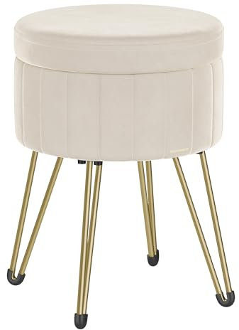 SONGMICS Storage Ottoman, Velvet Dressing Table Stool, 39 x 44.4 cm (Dia. x H), Round Storage Stool Seat, 4 Metal Legs, for Dressing Room, Living Room, Bedroom, Cream White LOM003W51