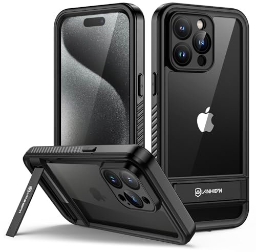 Lanhiem für iPhone 15 Pro Max Hülle Wasserdicht mit Metall Ständer,Handyhülle für iPhone 15 Pro Max IP68 Wasserfest Schutzhülle,360 Outdoor Stoßfest Staubdicht Panzerhülle mit Displayschutz,Schwarz