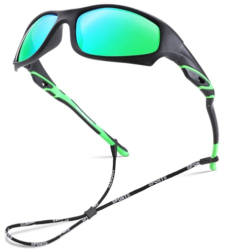 NULOOQ Kids Baseball Polarized Sunglasses – Unbreakable Flexible Youth Sports Sunglasses for Boys Girls Age 4-12 (Matte Black Frame/Green Mirrored Lens)