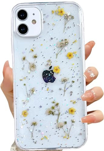 LSEEKA for iPhone 11 Clear Case with Pressed Real Flowers Design,Glitter Cute Yellow Floral Pattern Slim Soft TPU Protective Women Girl's Phone Cover for iPhone 11