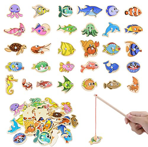OFFCUP Angeln Spielzeug, 31 Stück Magnetisches Angelspiel, mit zwei Angeln, Holzspielzeug, Lernspielzeug Geschenk für Kinder, Angeln Geschenk Für Mädchen und Jungen