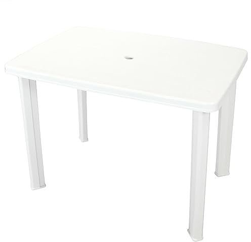 Table de jardin Rantry, table d'extérieur en plastique blanc, 101 x 68 x 72 cm, résistante aux intempéries et facile à nettoyer, avec trou pour parasol de 3,6 cm de diamètre, légère et facile à monter