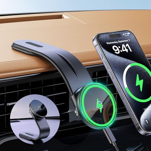 Support Telephone Voiture Induction, 15W Chargeur Voiture pour Magsafe, Tableau de Bord Porte Téléphone Automobile Magnétique avec 3M et Velcro, Chargeur sans Fil pour iPhone Séries 17/16/15/14/13/12