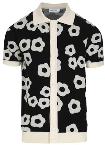 OXKNIT Mens Vintage Polo Shirts Casual Flower Pattern Knit Golf Polo Shirts Short Sleeve Jacquard Design Black