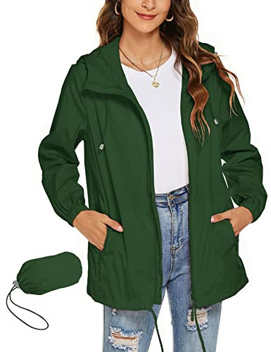 Rapbin Veste de pluie légère et imperméable pour femme, coupe-vent, fine, pliable, pour les voyages et le vélo, vert foncé, XXL
