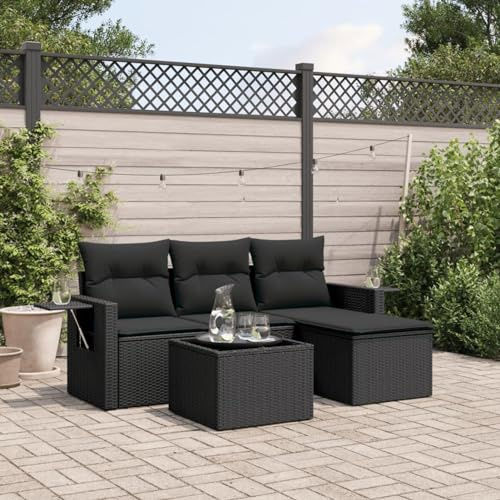 SECOLI Balkon Lounge Balkonmöbel Keiner Sofa Outdoor Gartensofa 3-Sitzer Gartenmöbel-Set Ecksofa Garten Balkonlounge Rattan Polyrattan Lounge Gartenlounge Terrassenmöbel Schwarz 4-tlg-Type-103