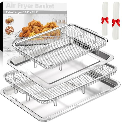 Air Fryer Basket for Oven, 2 Set Air Fryer Pan and Crisper Tray, YEPATER 18.6 x 12.8&15.6 x 11.6Large Size Stainless Steel Air Fryer Pan and Crisper Tray with 60 PCS Parchment Paper for Baking