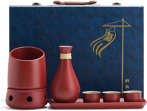 Set per Sake Giapponese Caldo con scaldavivande, Set per Sake in Ceramica squisita da 7 Pezzi, 3 Tazze, caraffa e pentola riscaldante (Rosso)