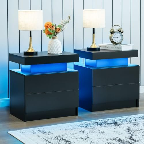 Cubehom LED Nachttisch Set 2 Stück Schwarz, Nachttische mit 2 Schubladen, Modern Beistelltisch Nachtkommode für Schlafzimmer Wohnzimmer