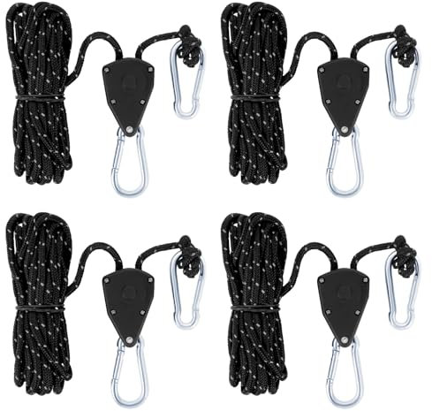 YFPOPONE 4 Stück Verstellbare Seilratsche mit 2m, 4m Seil, Seilratsche mit Haken, Windfestes Seil zur Einstellung der Riemenscheibe, Seilspanner 1/8 Zoll, Ratchet Hangers Nylon für Sonnensegel Zelten