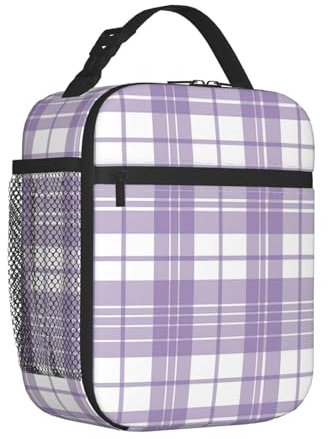 Mexpekil Lonchera térmica a cuadros morados y blancos para mujeres y hombres, lonchera térmica portátil con bolsillo lateral de malla para adultos, lonchera para el trabajo