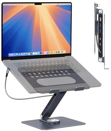 Qwiizlab Stand Hub per laptop, rotazione a 360°, inclinazione 80°, HDMI 4K, lettori di schede 104MB/s, USB 5Gbps, 60W PD, audio da 3,5 mm (grigio)