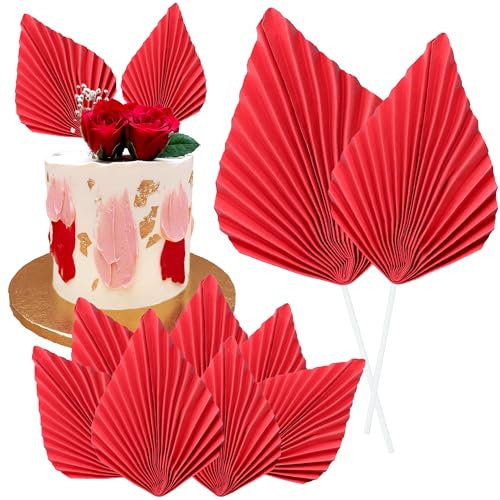 Gyufise 6Pcs Paper Palm Fan Cake Toppers Palm Spear Leaves Fan Cupcake Toppers Cake Insert Decorations Craft DIY Cake Bakeware Decoration for Birthday Party Wedding Party Decor Supplies Red