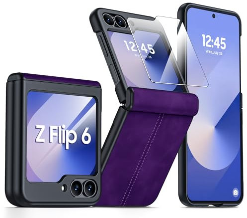CENMASO for Samsung Galaxy Z Flip 6 Case, Z Flip 6 Case with Screen Protector & Hinge Protection, Ultra-Thin Shockproof Leather Phone Case for Z flip 6 5G (Purple)