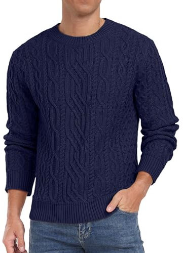 Hisir Mens Cable Knit Jumper UK Crew Neck Winter Jumpers Long Sleeve Pullover Sweater Tops for Men (Navy Blue, XL)
