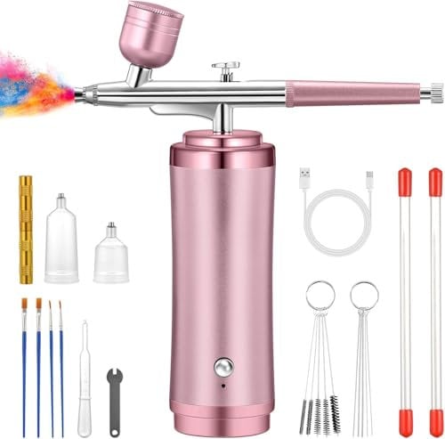 Powate Airbrush Kit with Compressor, 48 PSI Rechargeable Cordless Non-Clogging Air Brush Set with 0.2/0.3/0.5mm Nozzles for Nail Art, Makeup, Cake Decoration, Model Painting (Pink)