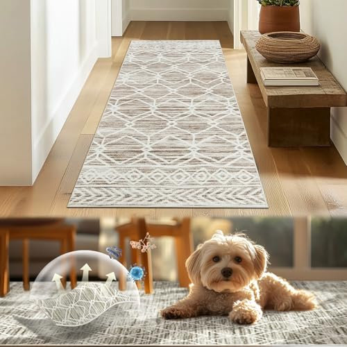 TOPICK Läufer Flur Waschbar Boho Eingangsbereich Marokkanischer Niedrigfloriger Geometrischer Fleckenabweisend, rutschfest Ultradünner für Küche Bauernhaus Badezimmer Tür 60x180(cm) Braun