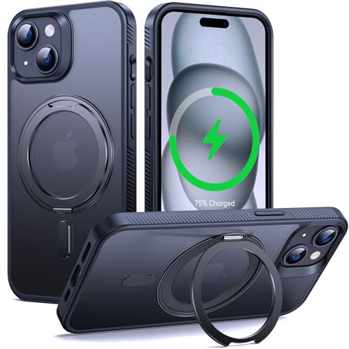 Supdeal Magnetic Kickstand for iPhone 15 Case, Compatible with MagSafe 360° Rotatable Ring Stand Holder, Non-slip Hard Matte Translucent Cover Military-Grade Shockproof Phone Case, 6.1, Black