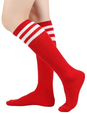 BrightGlow Damen Kniestrümpfe Damen Overknee Sockenn Hohe Retro Socken mit Streifen Lange Oberschenkel Hohe Socken Gestreifte Strümpfe Damen-Socken Sportsocken Rot Einheitsgröße