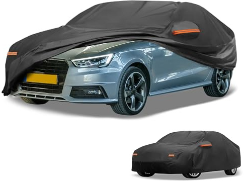 Partuto Autoabdeckung Wasserdicht Alle Wetter Sonnenregen Schutz Vollabdeckung für Audi A1 Aluminiumfolie Schwarz mit Reflektierenden Streifen