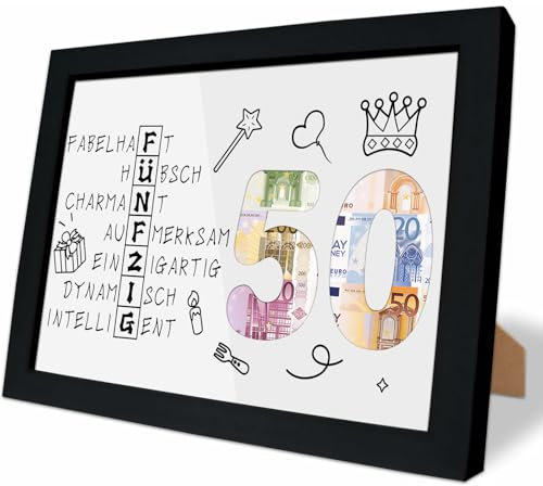 TCRZHHRX 50. Geburtstag Geldgeschenk, Geschenk für 50. Geburtstag Mädchen & Junge, Kreative Geldgeschenke Verpackung mit Bilderrahmen A5, Schwarz