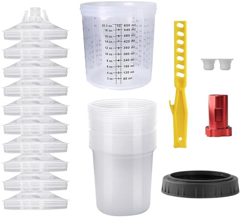 Disposable Paint Mixing Cup Kit,HVLP Paint Sprayer Gun Mixing Cups 20 Ounce (600ml) Kit with 10 Cups and Lids System, 2 Plugs and 1 Hard Cup with Retainer Ring, 1 Cup Adapter,Paint Stirrer (10)