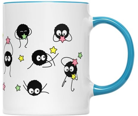 Willow Gifts Soot Sprites Wrap Coffee Cup Mug Anime Manga Film Studio Susuwatari Neighbor Spirits Present Gift Heavy Duty Ceramic Handle Present Gift (Blue Handle)