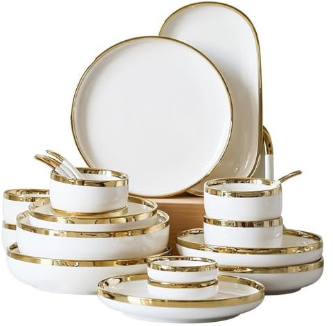 LYHYDMA Vajillas Completas Juego de vajilla de Porcelana Blanca Brillante Dorada, Juego de Platos y Cuencos de cerámica, vajilla for el hogar y el Hotel para Cocina Comedor(Bright B6people Set)
