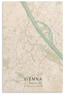 LZTEN Wiener Österreich-Karten-Poster, Vintage-Druck, Leinwand, Wandkunstdruck, Poster für Zuhause, Schule, Büro, Dekoration, ungerahmt, 40 x 60 cm