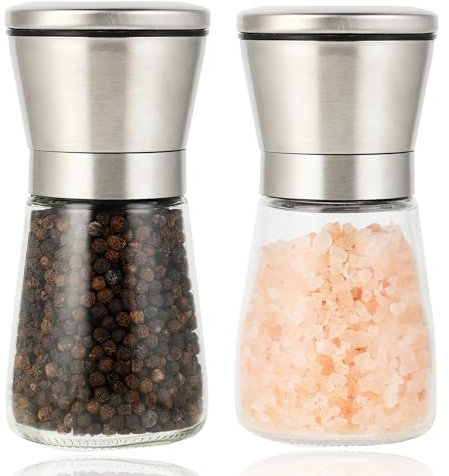 2 Stück Salz und Pfeffermühle - Pfeffermühle - Salzmühle, aus Edelstahl und Glas, mit einstellbarem Keramikmahlwerk, geeignet zum Mahlen und Nachfüllen von Salz, Pfeffer und Chili