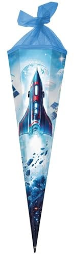 goldbuch 98 161 Schultüte 85 cm Weltraum, Zuckertüte 6-eckig, Geschenktüte mit Raumschiff-Motiv, Geschenkverpackung aus Lackkarton, Einschulungstüte mit gelbem Netzverschluss, ca. 85 x 24 x 20 cm