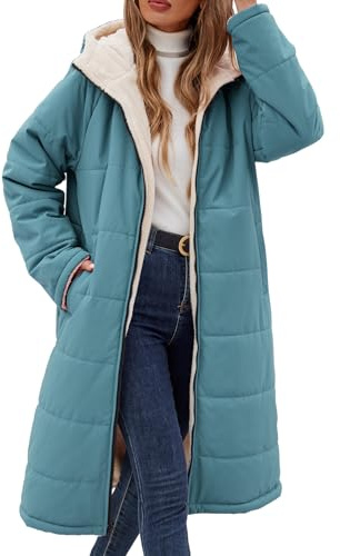 Tuopuda Damen Wintermäntel Lang Winterjacke Warm Winter Fleece Gefüttert Sweatjacke Jacke Mantel Parka Jacket mit Kapuze Teddyfleece Steppjacke Übergangsjacke Winterparka Steppmantel(Blau-2,S)
