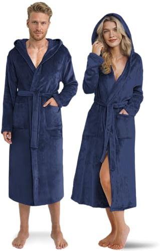 Twinzen Damen & Herren Kuschelfleece Morgenmantel mit Kapuze L - Dunkelblau - Weich, Warm & Bequem - Öko-Tex Standard 100 zertifiziert