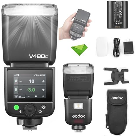 Godox V480 C V480-C TTL Touchscreen Flash for Canon Cameras, GN50 1/8000 HSS, 650 Full Power Flash, 1.7s Recycle Time, 2.4G Wireless, Built-in Modeling Light, 7.2V/2200mAh Li-ion Battery Speedlight