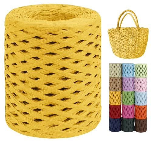 LEREATI Raffia Garn zum Häkeln von Taschen, 3mm x 200m Flach Papierdraht Bast Band Natur Paketschnur Papiergarn Raffia Bast zum Häkeln Handtasche, Körbe, Hüte, Geschenkverpackung (Gelb)