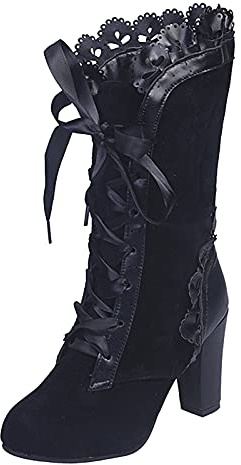 Generisch Stivali da donna vintage vittoriani, con fiocco di media altezza, stivali da donna Gothic Punk, tinta unita, stivali a punta in pelle, con tacco alto, Nero , 39 EU
