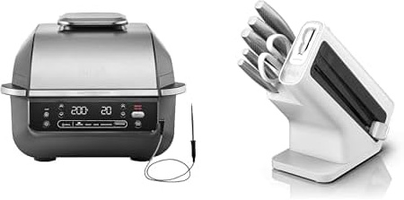 Ninja 5-en-1 Grill d’intérieur et friteuse sans huile, 5 modes, EG351EU + Ninja StaySharp Ensemble de couteaux 6 pièces en acier inoxydable avec aiguiseur intégré, K62006EUWH
