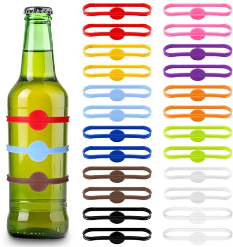 Ajcotahm 24 Pcs Silicone Drink Markers, Stretchable Wine Glass Marker Bands Drink Identifiers Labels for Bar Party Cocktail Glass Beer Bottle Mug Jar Champagne Stem Glasses