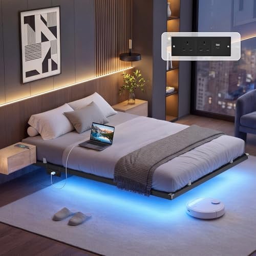 VASAGLE Double Floating Bed Frame 135 x 190 cm, Platform Bed with LED Lights and Movable Charging Station, 2 AC Outlets, 1 USB-A Port, 1 USB-C Port, Supports up to 500 kg, Ink Black RMB176B101