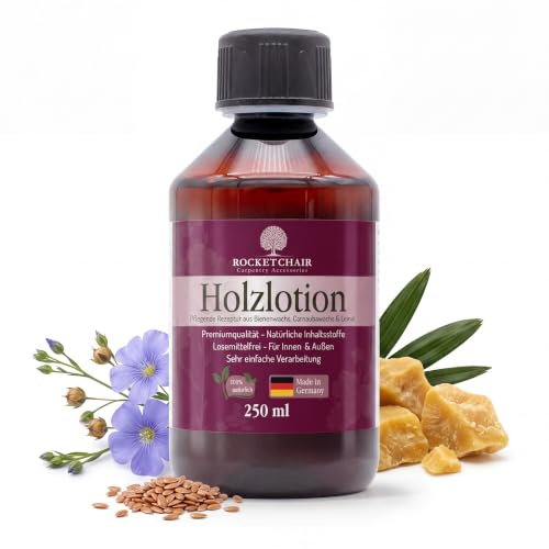 Rocketchair Holzlotion - Hochwertige Holzpolitur & Möbelpolitur Made in Germany - Natürliche Holzpflege & Möbelpflege mit Carnaubawachs & Bienenwachs - Lösemittelfreies, flüssiges Holzwachs - 250ml