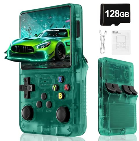 R36S Retro Video Game Console–Supports 30000+Classic Games,Open Linux Source,3000mAh Battery,3.5 Inches HD Screen,128G TF Card,Portable Game Console for Travel,Birthday Gift for Boys and Adults-Green