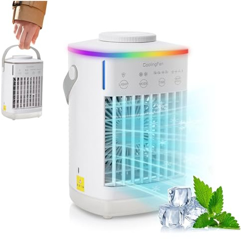 Mini Aire Acondicionado Portátil, Silencioso Ventilador de mesa con 4 Velocidades y 2 Modos de Niebla, 700ml Enfriador de Aire 4 temporizador, para Oficina Coche Camping
