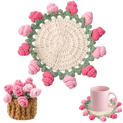 LLMSIX Handmade Rose Crochet Flower Coaster Set with Storage Basket | Floral Crochet Drink Coasters, Knitted Coffee Mats, Pink Floral Design, Table Decor Accessory