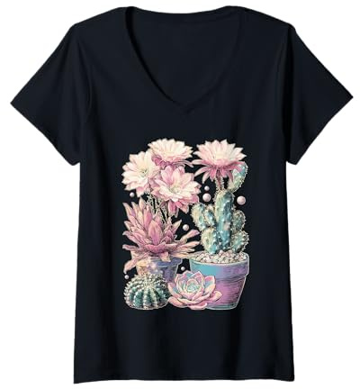 Damen Floral Rebutia Kaktus mit Blumen Botanisch Pastell verträumt T-Shirt mit V-Ausschnitt