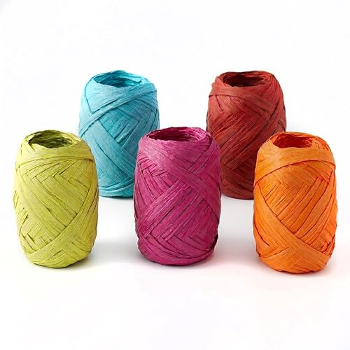 Papierband Raffiabast 5 Rollen Set je 20m - Geschenkband Raffia Papier Schnur Craft Verpackung - Bastband Papiergarn zum Binden Verzieren - Bänder für Geschenke Dekorationen - Farbmix Bunt